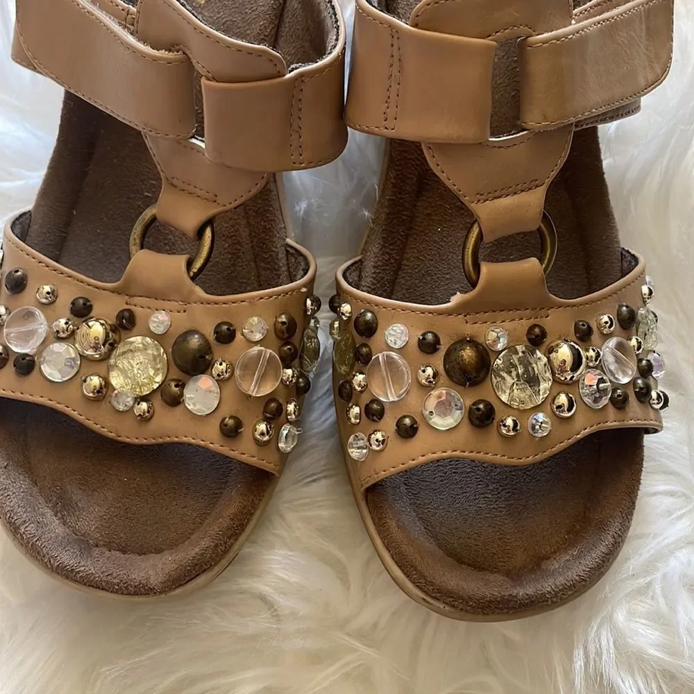 Natural Soul Tan Cream gemstone slip on sandals with Velcro side …